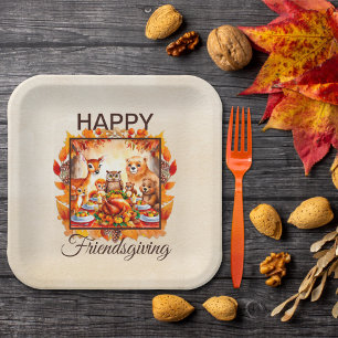 Friendsgiving Woodland Animals Autumn Leaves Paper Plate