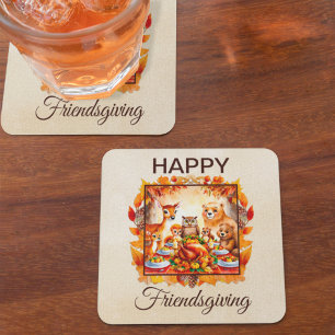 Friendsgiving Woodland Animals Autumn Leaves Square Paper Coaster