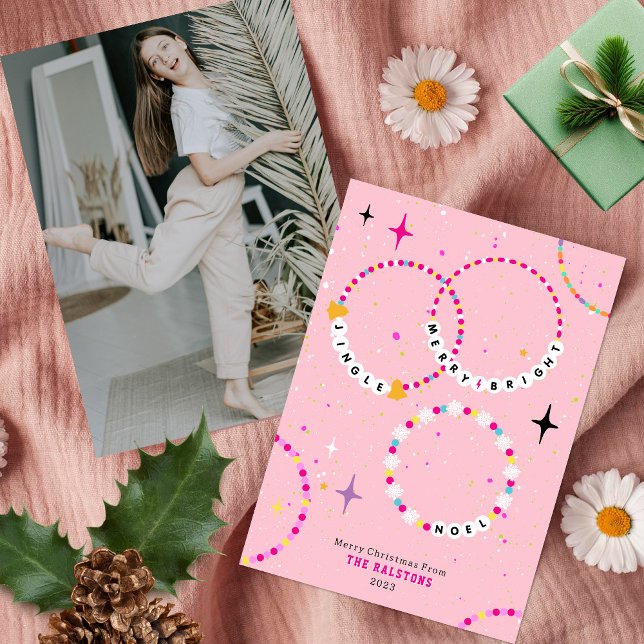Friendship Bracelets Pink Christmas Photo Invitation (Creator Uploaded)