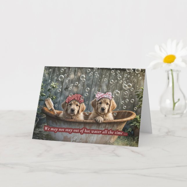 Friendship Cute Golden Retriever Dogs in a Bath  Card (Small Plant)