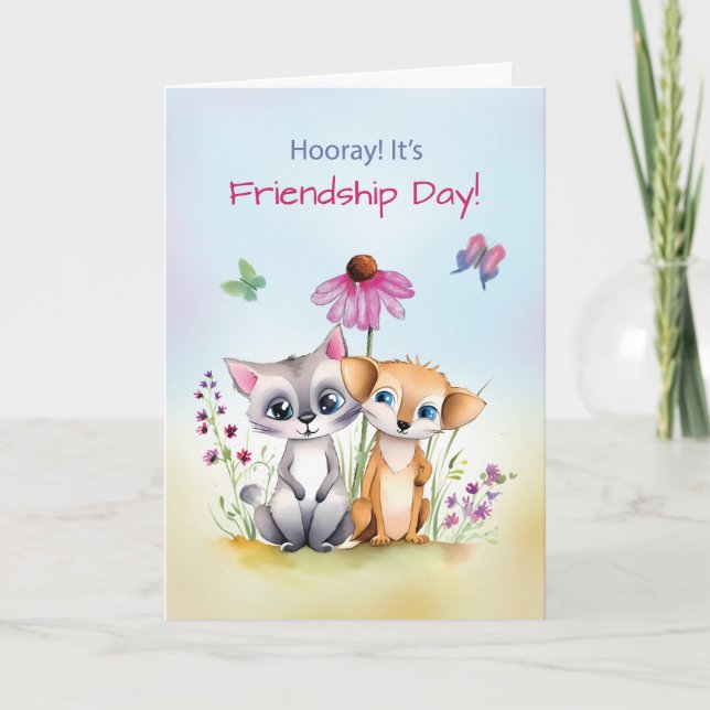 Friendship Day Cute Animals with Flowers Card (Front)