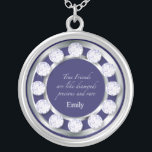 Friendship Diamonds Silver Plated Necklace<br><div class="desc">"True friends are like diamonds, precious and rare" show your bestie how much you care with this beautiful faux design featuring a rendering of glittering diamonds set in a ring of luminous white gold against a royal blue background. Perfect to give as a girls’ weekend keepsake, a birthday surprise, an...</div>