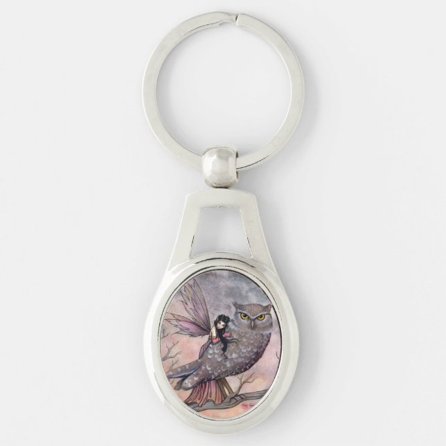 Friendship Fairy and Owl Fantasy Art Key Ring (Front)