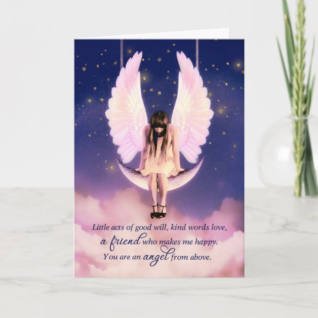 Friendship Female Angel Swinging on the Moon Card (Front)