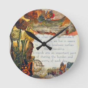 Friendship Flowers Butterflies Mixed Media Collage Round Clock