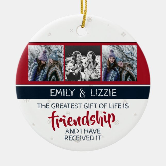 Friendship inspirational quote w/ names and photos ceramic ornament (Front)