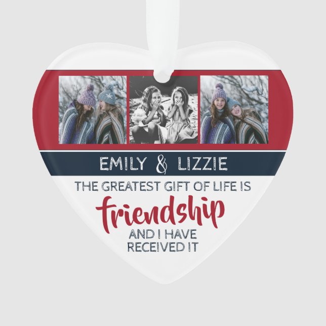 Friendship inspirational quote w/ names and photos ornament (Front)