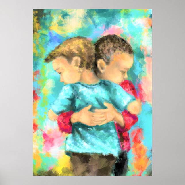 Friendship - Kids Hugging - Peace Love - Painting  Poster (Front)