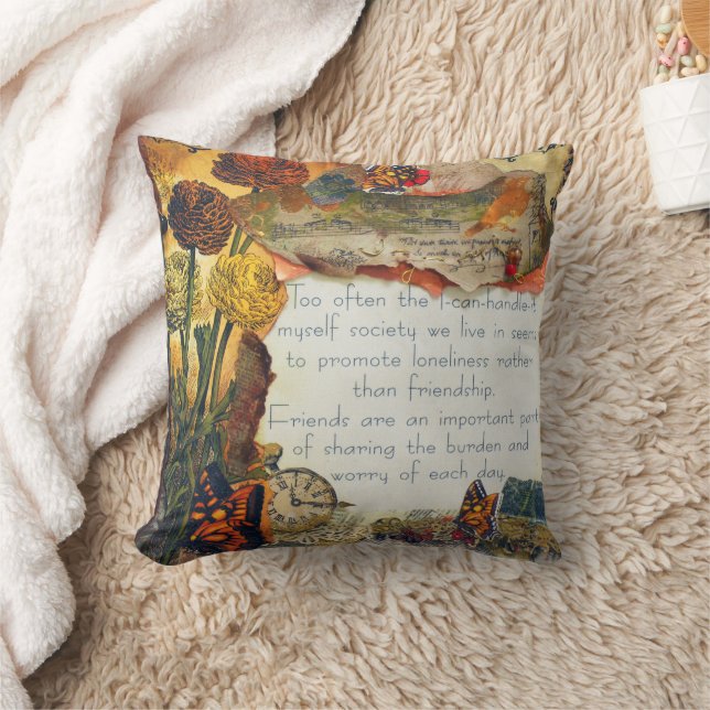 Friendship Mixed Media Flowers Butterflies Collage Cushion (Blanket)