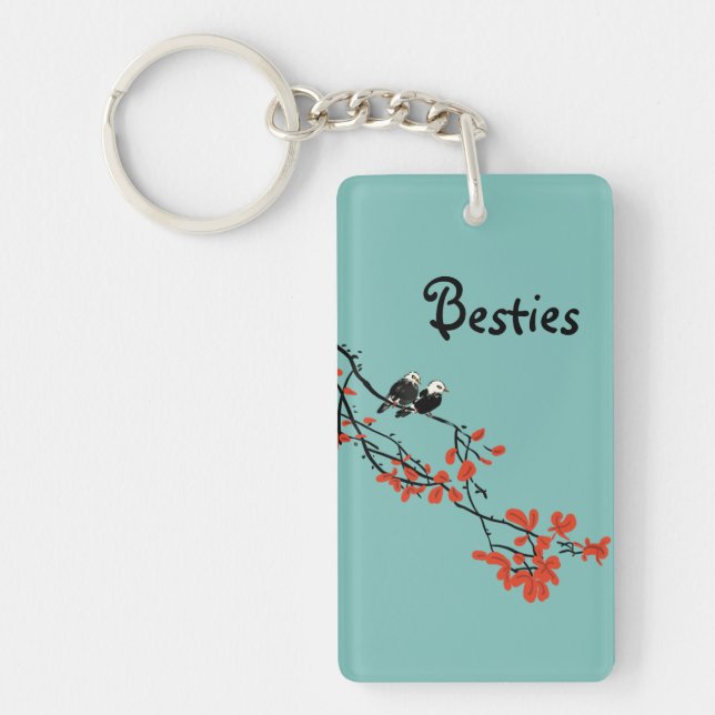 Friendship Quote Two Birds Red Leaves Monogram Key Ring (Front)