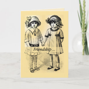 Friendship Vintage Girls in Hats Holding Hands Card