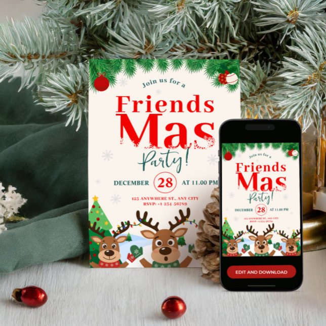 Friendsmas Christmas Holiday Party Cute Reindeer Invitation (Friendsmas Christmas Holiday Party Cute Reindeer Invitation)