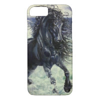 Friesian, black beauty stallion horse, ocean waves