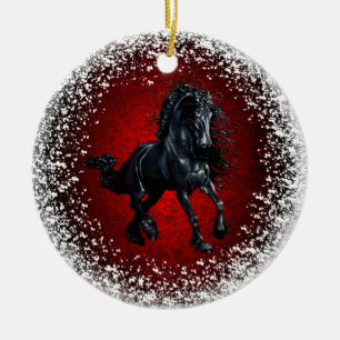 Friesian, black stallion 3,snow, red granite ceramic ornament