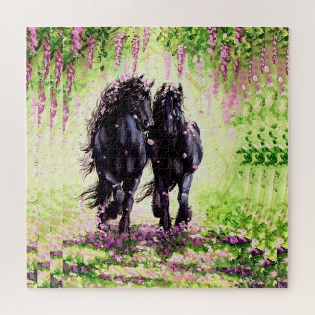 Friesian black stallion and mare with wisteria jigsaw puzzle (Horizontal)