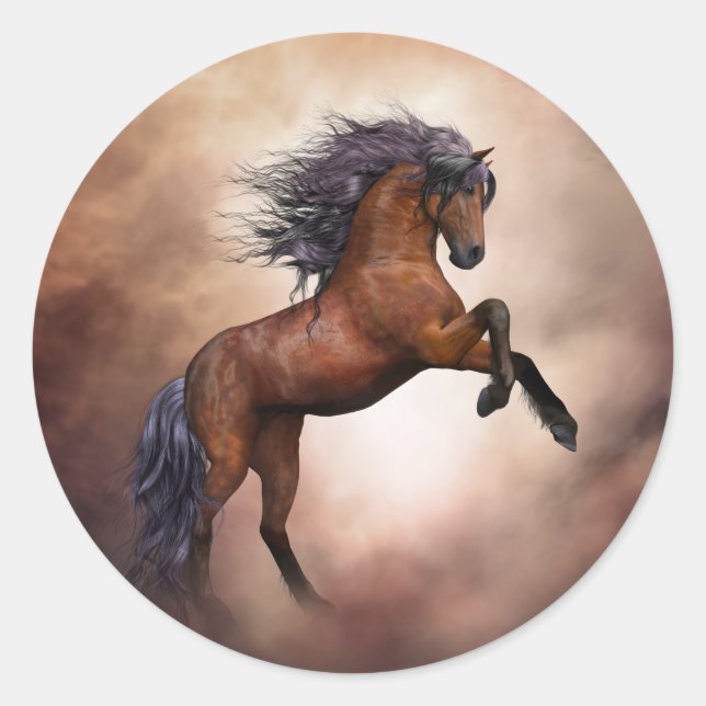 Friesian brown horse rearing up with misty clouds classic round sticker (Front)