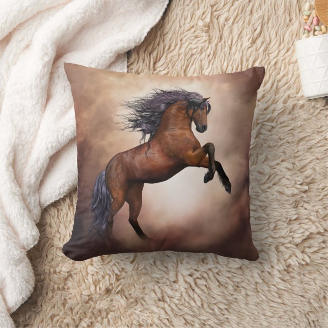 Friesian brown horse rearing up with misty clouds cushion (Blanket)
