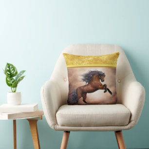 Friesian brown horse rearing up with misty clouds cushion