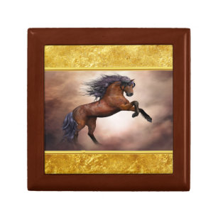 Friesian brown horse rearing up with misty clouds gift box