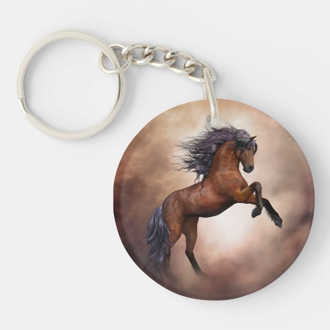 Friesian brown horse rearing up with misty clouds key ring (Front)
