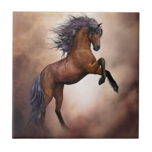 Friesian brown horse rearing up with misty clouds tile
