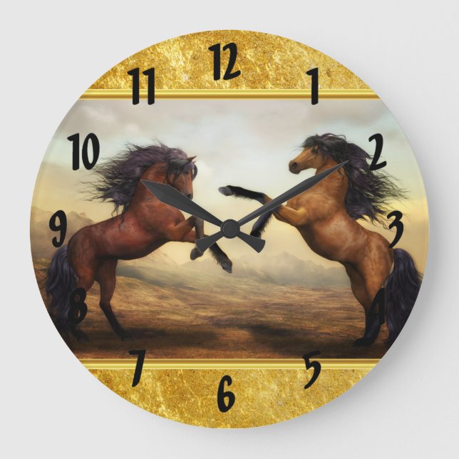 Friesian Draught   Horses in a rocky mountain Large Clock (Front)