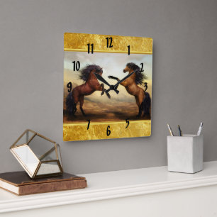 Friesian Draught Horses in a rocky mountain Square Wall Clock
