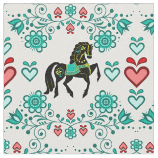 Friesian/Frisian Folk horse aqua/black,hearts, 4" Fabric