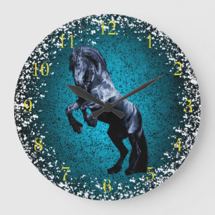 Friesian horse, black beauty, snow, blue granite large clock