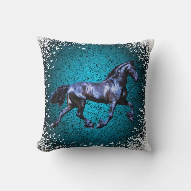 Friesian horse, black beauty stallion, snow blue cushion (Front)
