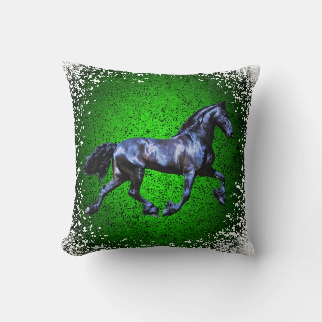 Friesian horse, black beauty stallion, snow green cushion (Front)