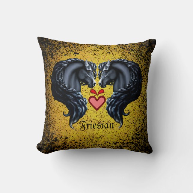 Friesian horse/black Friesian stallion/heart/gold Cushion (Front)