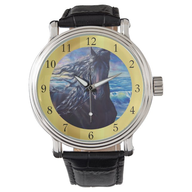 Friesian horse black stallion at ocean clock watch (Front)