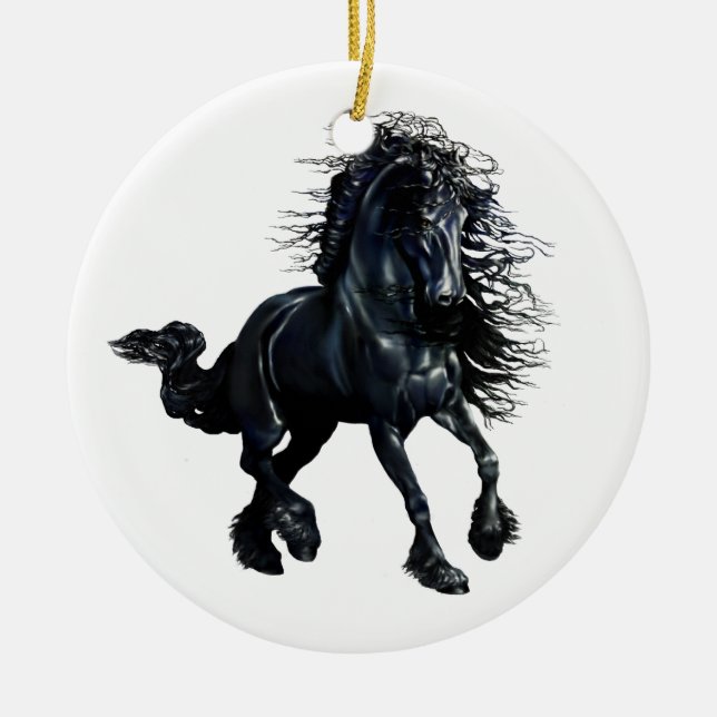 Friesian horse, black stallion beauty ceramic ornament (Front)
