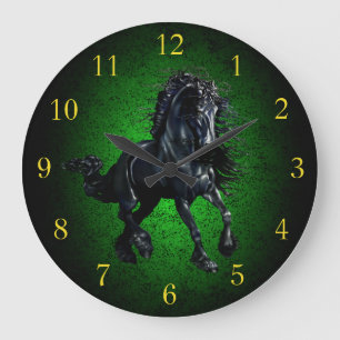 Friesian horse/black stallion beauty green granite large clock