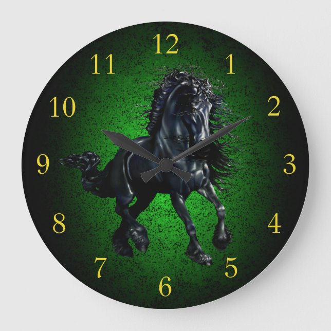 Friesian horse/black stallion beauty green granite large clock (Front)