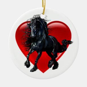 Friesian horse, black stallion, black beauty heart ceramic tree decoration