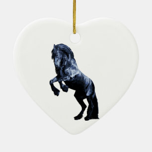 Friesian horse, black stallion, red heart ceramic ornament