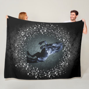 Friesian horse, black stallion, snow, grey fleece blanket