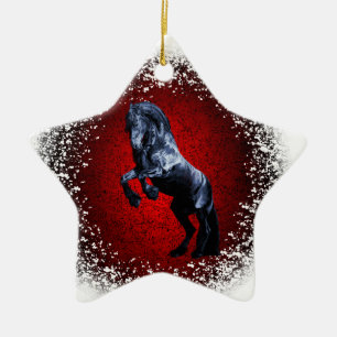 Friesian horse, black stallion,snow,red granite ceramic ornament