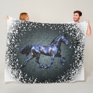 Friesian horse,black stallion trotting,snow silver fleece blanket