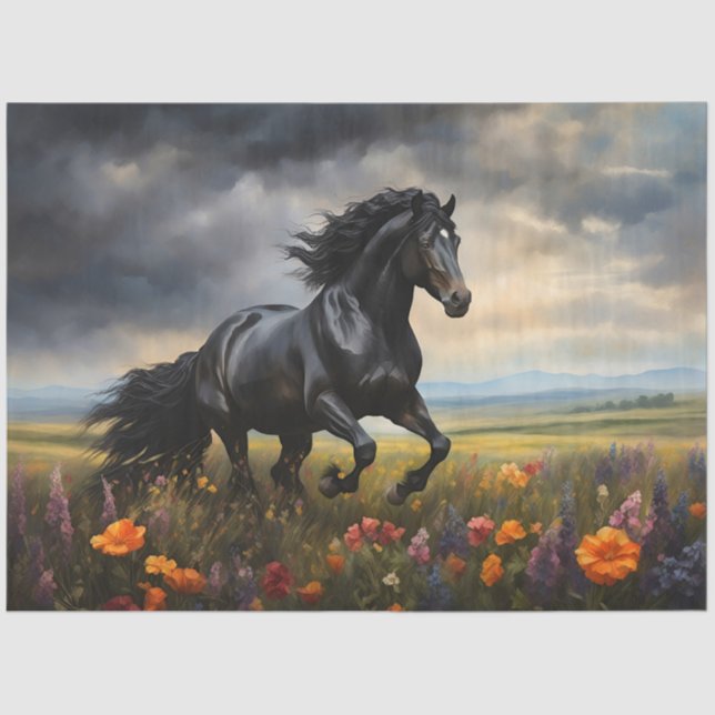 Friesian Horse Galloping Wildflowers Decoupage Tissue Paper (Front)
