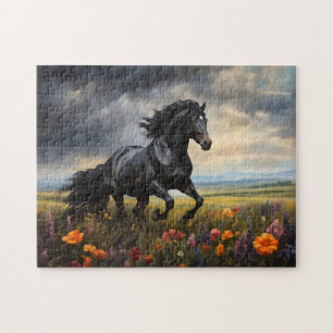 Friesian Horse Galloping Wildflowers Jigsaw Puzzle
