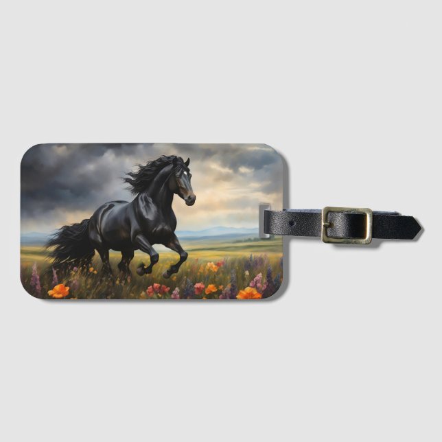 Friesian Horse Galloping Wildflowers Luggage Tag (Front Horizontal)