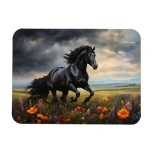 Friesian Horse Galloping Wildflowers Magnet