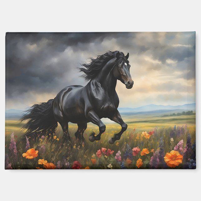 Friesian Horse Galloping Wildflowers Magnet (Front)