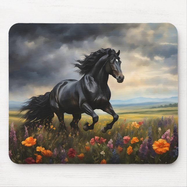 Friesian Horse Galloping Wildflowers Mouse Pad (Front)