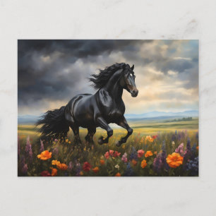 Friesian Horse Galloping Wildflowers Postcard