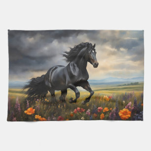 Friesian Horse Galloping Wildflowers Tea Towel