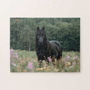 Friesian Horse in a Wildflower Field Jigsaw Puzzle